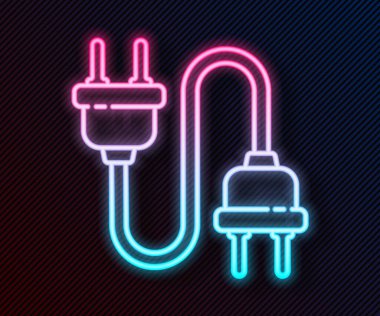 Parlayan neon hattı elektrik prizi simgesi siyah arkaplanda izole edildi. Bağlantı kavramı ve elektriğin kesilmesi. Vektör İllüstrasyonu
