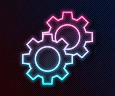 Parlayan neon çizgi ikonu siyah arkaplanda izole edildi. Çarklı teçhizat ayarları. İşçi sembolü. Vektör İllüstrasyonu