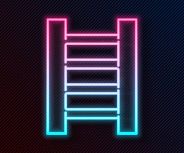 Parlayan neon hattı tahta merdiven ikonu siyah arkaplanda izole edildi. Vektör İllüstrasyonu