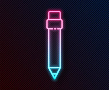 Siyah arkaplanda silgi simgesi olan parlak neon çizgili kalem. Çizim ve eğitim araçları. Okul sembolü. Vektör İllüstrasyonu