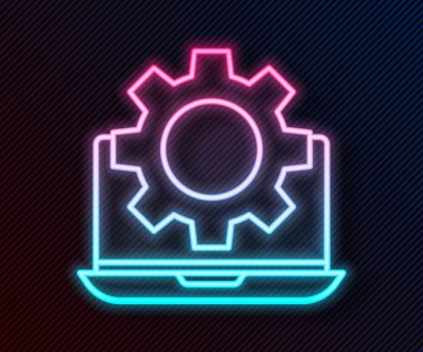 Parlayan neon hattı dizüstü bilgisayar ve dişli simgesi siyah arkaplanda izole edildi. Uygulama ayarlanıyor, seçenekler ayarlanıyor, bakım, onarım, onarım. Vektör İllüstrasyonu