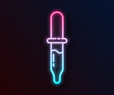 Parlayan neon hattı Pipette simgesi siyah arkaplanda izole edildi. Tıbbi elementler, kimya laboratuarı ekipmanları. Tıp sembolü. Vektör İllüstrasyonu