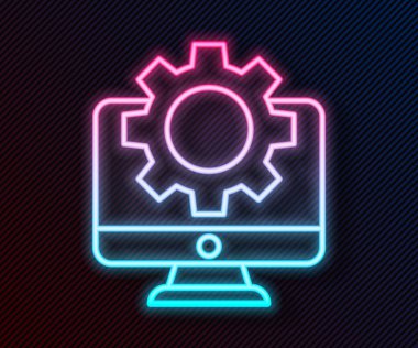 Parlayan neon hattı bilgisayar monitörü ve dişli simgesi siyah arkaplanda izole edildi. Ayarlama, servis, ayar, bakım, onarım, onarım. Vektör İllüstrasyonu