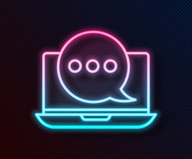 Parlayan neon hattı. Laptop simgesi üzerindeki yeni sohbet mesajları siyah arkaplanda izole edildi. Smartphone sohbet mesajları konuşma baloncukları. Vektör İllüstrasyonu