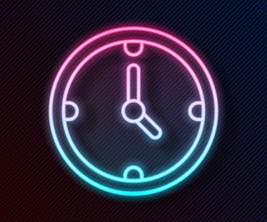 Parlayan neon çizgi saat simgesi siyah arkaplanda izole edildi. Zaman sembolü. Vektör İllüstrasyonu