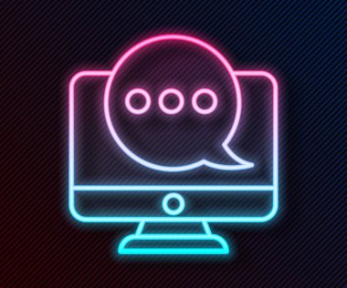 Siyah arkaplanda izole edilmiş monitör simgesinde parlayan neon hattı Yeni sohbet mesajları bildirimi. Smartphone sohbet mesajları konuşma baloncukları. Vektör İllüstrasyonu