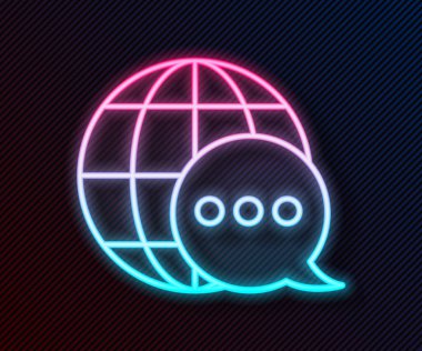 Siyah arkaplanda izole edilmiş konuşma baloncuğu simgesinden yapılmış parlak neon hattı Dünya haritası. Dünya 'daki küresel iletişim şeması. Vektör İllüstrasyonu