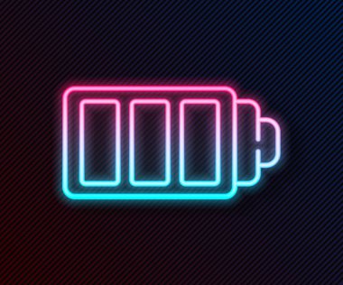 Parlayan neon hattı Batarya şarj seviyesi göstergesi simgesi siyah arkaplanda izole edildi. Vektör İllüstrasyonu