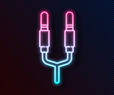 Parlayan neon hattı ses kriko simgesi siyah arkaplanda izole edildi. Bağlantı ses ekipmanları için ses kablosu. Fiş kablosu. Müzik aleti. Vektör İllüstrasyonu