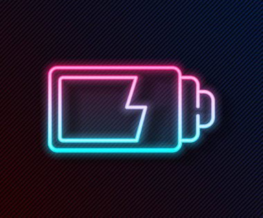 Parlayan neon hattı Batarya şarj seviyesi göstergesi simgesi siyah arkaplanda izole edildi. Vektör İllüstrasyonu