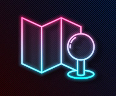 Parlayan neon çizgisi Katlanmış harita ve siyah arkaplanda izole edilmiş pin simgesi. Vektör İllüstrasyonu