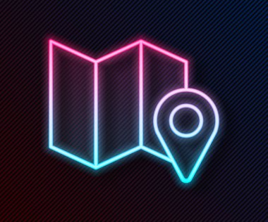 Parlayan neon çizgisi Katlanmış harita konum simgesi simgesi siyah arkaplanda izole edildi. Vektör İllüstrasyonu