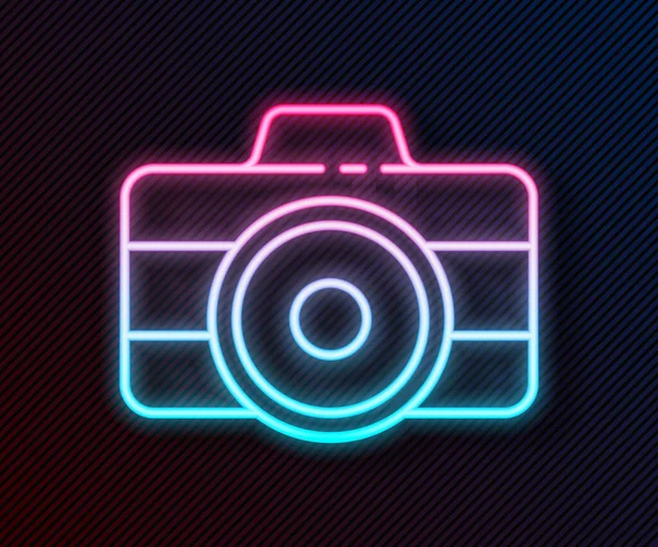 ネオンラインの輝き黒い背景に隔離された写真カメラのアイコン カメラのアイコン ベクターイラスト — ストックベクタ