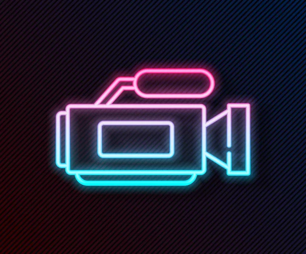 Gloeiende Neon Lijn Cinema Camera Pictogram Geïsoleerd Zwarte Achtergrond Videocamera — Stockvector