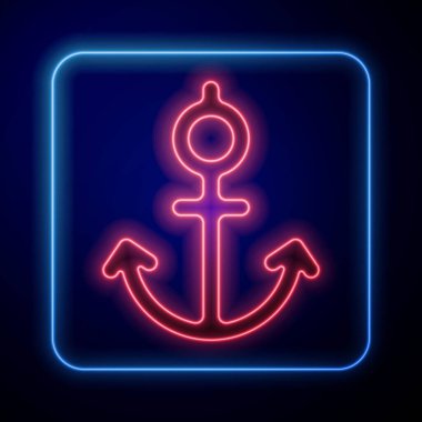 Parlayan neon anchor simgesi mavi arkaplanda izole edildi. Vektör İllüstrasyonu