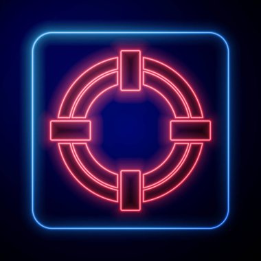 Parlayan neon rengi Lifebuoy simgesi mavi arkaplanda izole edildi. Hayat kurtaran yüzen can simidi plaj için, kurtarma kemeri insanları kurtarmak için. Vektör İllüstrasyonu