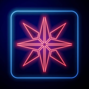 Parlayan neon rüzgarı ikonu mavi arkaplanda izole edildi. Seyahat için pusula simgesi. Navigasyon tasarımı. Vektör İllüstrasyonu