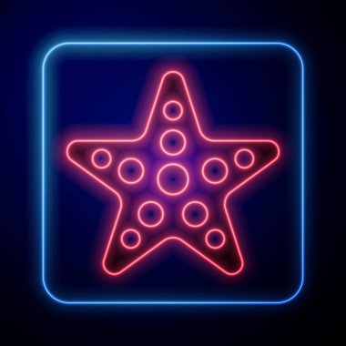 Parlayan neon deniz yıldızı simgesi mavi arkaplanda izole edildi. Vektör İllüstrasyonu