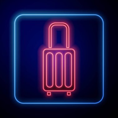 Seyahat simgesi için parlayan neon bavul mavi arkaplanda izole edildi. Seyahat bagaj tabelası. Seyahat bagaj ikonu. Vektör İllüstrasyonu