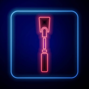 Parlayan neon renkli deri kamçı ikonu mavi arkaplanda izole edilmiş. Fetiş aksesuarı. Yetişkinler için seks oyuncağı. Vektör İllüstrasyonu