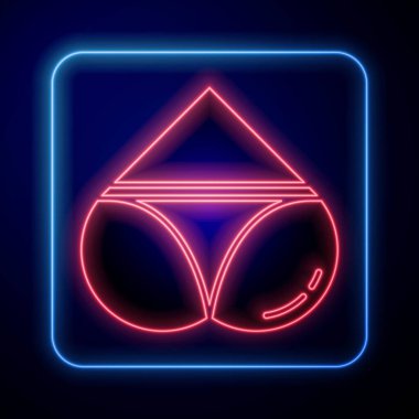 Mavi arka planda izole edilmiş iç çamaşırı ikonu olan kalp şeklinde parıldayan neon kadın poposu. Erotik iç çamaşırı. Vektör İllüstrasyonu