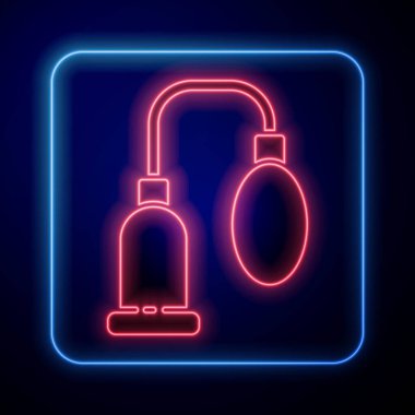 Glowing neon Penis pump icon isolated on blue background. Penis enlarger. Sex toy for men. Vacuum pump with a blower to increase the penis. Vector Illustration