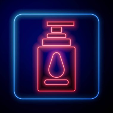 Parlayan neon kayganlaştırıcı ikonu mavi arkaplanda izole edildi. Yağlama jeli. Erotik seks oyunları için krem. Paketli tüp. Vektör İllüstrasyonu