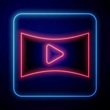 Parlayan neon çevrimiçi video oynatma simgesi mavi arkaplanda izole edildi. Oyun işaretli film şeridi. Vektör İllüstrasyonu