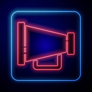 Parlayan neon megafon ikonu mavi arkaplanda izole edildi. Sözcü işareti. Vektör İllüstrasyonu
