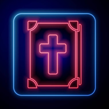 Parlayan neon kutsal kitap ikonu mavi arka planda izole edilmiş. Vektör İllüstrasyonu