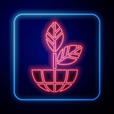 Parlayan neon dünya küresi ve bitki ikonu mavi arka planda izole edildi. Dünya ya da Dünya işareti. Geometrik şekiller. Çevresel konsept. Vektör İllüstrasyonu