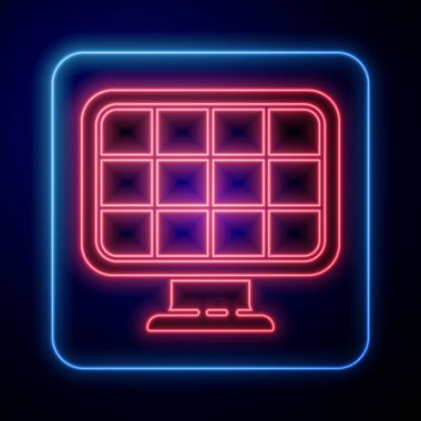 Parlayan neon güneş enerjisi simgesi mavi arkaplanda izole edildi. Vektör İllüstrasyonu