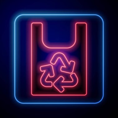 Mavi arka planda izole edilmiş geri dönüşüm simgesiyle parlayan neon plastik torba. Geri dönüşüm sembollü çanta. Vektör İllüstrasyonu