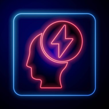 Parlayan neon insan kafası ve mavi arka planda izole edilmiş elektrik sembolü. Vektör İllüstrasyonu
