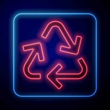 Parlayan neon geri dönüşüm sembolü simgesi mavi arkaplanda izole edildi. Dairesel ok simgesi. Çevre geri dönüşümü yeşile döner. Vektör İllüstrasyonu