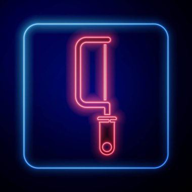 Parlayan neon testeresi simgesi mavi arkaplanda izole edildi. Tahta ve metal testeresi. Vektör İllüstrasyonu