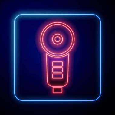 Parlayan neon açılı öğütücü simgesi mavi arkaplanda izole edildi. Vektör İllüstrasyonu