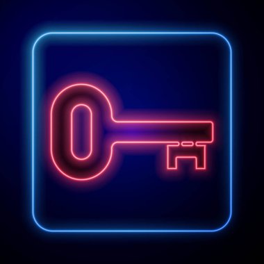 Parlayan neon rengi eski anahtar simgesi mavi arkaplanda izole edildi. Vektör İllüstrasyonu