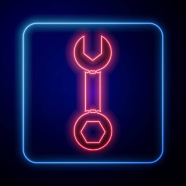 Parlayan neon anahtarlı simge mavi arkaplanda izole edildi. Vektör İllüstrasyonu