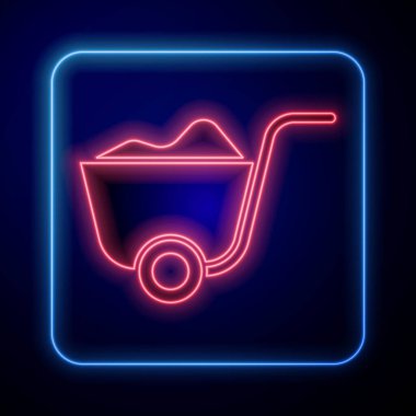 Parlayan neon küreği simgesi mavi arkaplanda izole edildi. Bahçe aletleri. Bahçecilik, tarım, çiftçilik aleti. Vektör İllüstrasyonu
