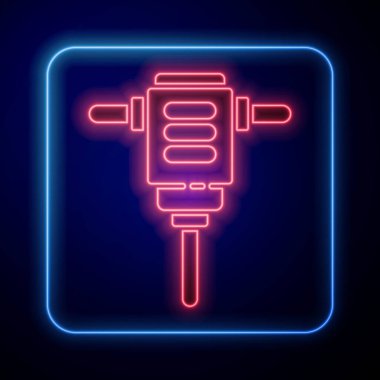 Parlayan neon ışıklı elektrikli çekiç matkabı ikonu mavi arka planda izole edildi. İnşaat, onarım ve onarım için kullanılan bir alet. Vektör İllüstrasyonu