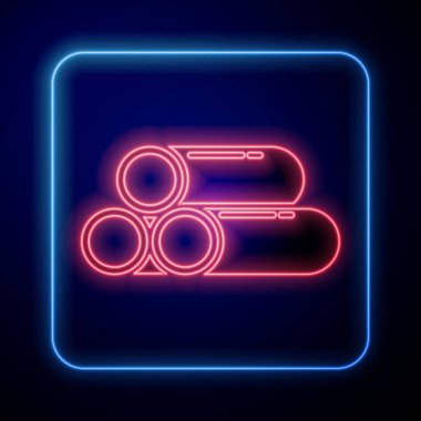 Parlayan neon endüstrisi metalik boru ikonu mavi arka planda izole edildi. Tesisat boru hattının farklı şekillerde parçaları. Vektör İllüstrasyonu