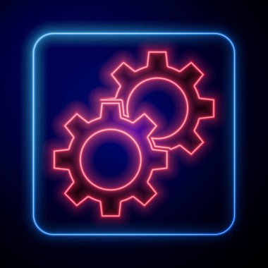 Parlayan neon dişli simgesi mavi arkaplanda izole edildi. Çarklı teçhizat ayarları. İşçi sembolü. Vektör İllüstrasyonu