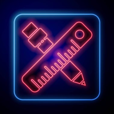 Parlayan neon renkli çapraz cetvel ve kalem simgesi mavi arkaplanda izole edilmiş. Düz sembol. Çizim ve eğitim araçları. Vektör İllüstrasyonu