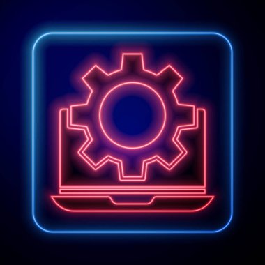 Parlayan neon dizüstü bilgisayar ve vites simgesi mavi arkaplanda izole edildi. Uygulama ayarlanıyor, seçenekler ayarlanıyor, bakım, onarım, onarım. Vektör İllüstrasyonu