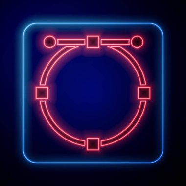 Mavi arkaplanda izole edilmiş Bezier eğrisi simgesi ile parlayan neon daire pankartı. Kalem aracı simgesi. Vektör İllüstrasyonu