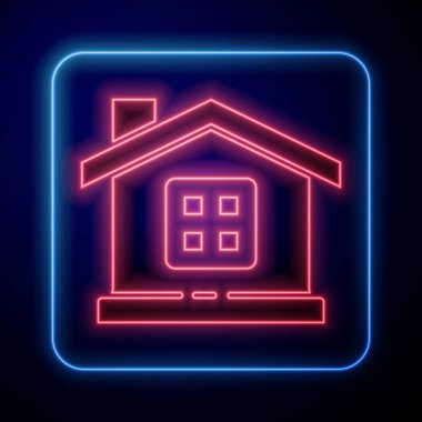 Parlayan neon ev simgesi mavi arkaplanda izole edildi. Ev sembolü. Vektör İllüstrasyonu