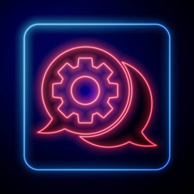 Parlayan neon konuşma balonu sohbet simgesi mavi arkaplanda izole edildi. İleti simgesi. İletişim ya da yorum sohbet sembolü. Vektör İllüstrasyonu