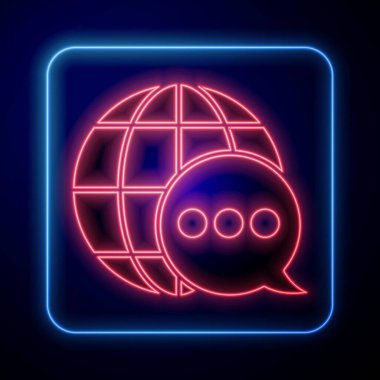 Parlayan neon dünya haritası mavi arkaplanda izole edilmiş konuşma baloncuğu simgesinden yapıldı. Dünya 'daki küresel iletişim şeması. Vektör İllüstrasyonu