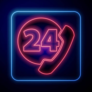 Parlayan neon telefon. Mavi arka planda 24 saatlik destek ikonu izole edildi. Tüm gün müşteri destek merkezi. Tam zamanlı çağrı servisi. Vektör İllüstrasyonu